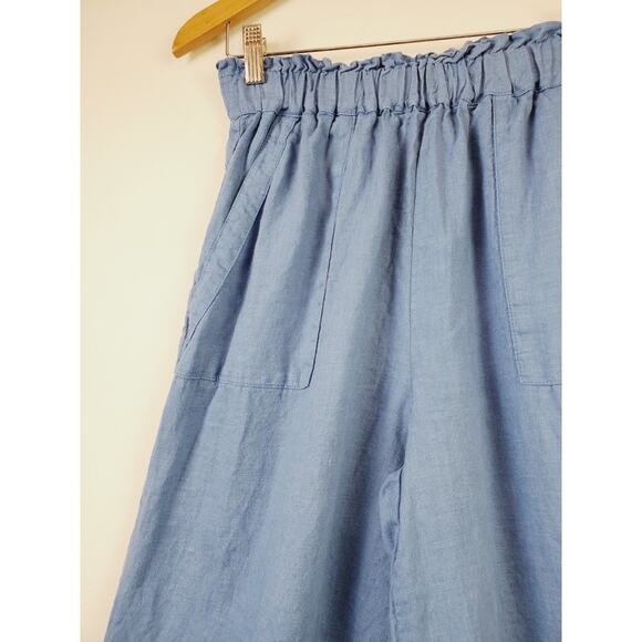 Len Ok Pants Womens Small 100% Linen Elastic Waist Wide Leg Crop Pockets Capri - Picture 2 of 8